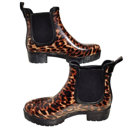Jeffrey Campbell Ankle Chelsea Rain Boots Leopard Brown Black Womens US 8 EU 39 - Picture 1 of 7
